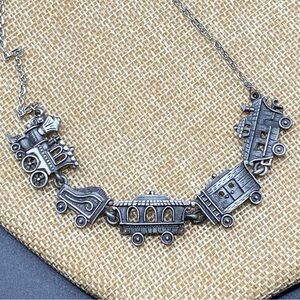 JJ JONETTE JEWELRY Vintage Pewter Train Cars Necklace
